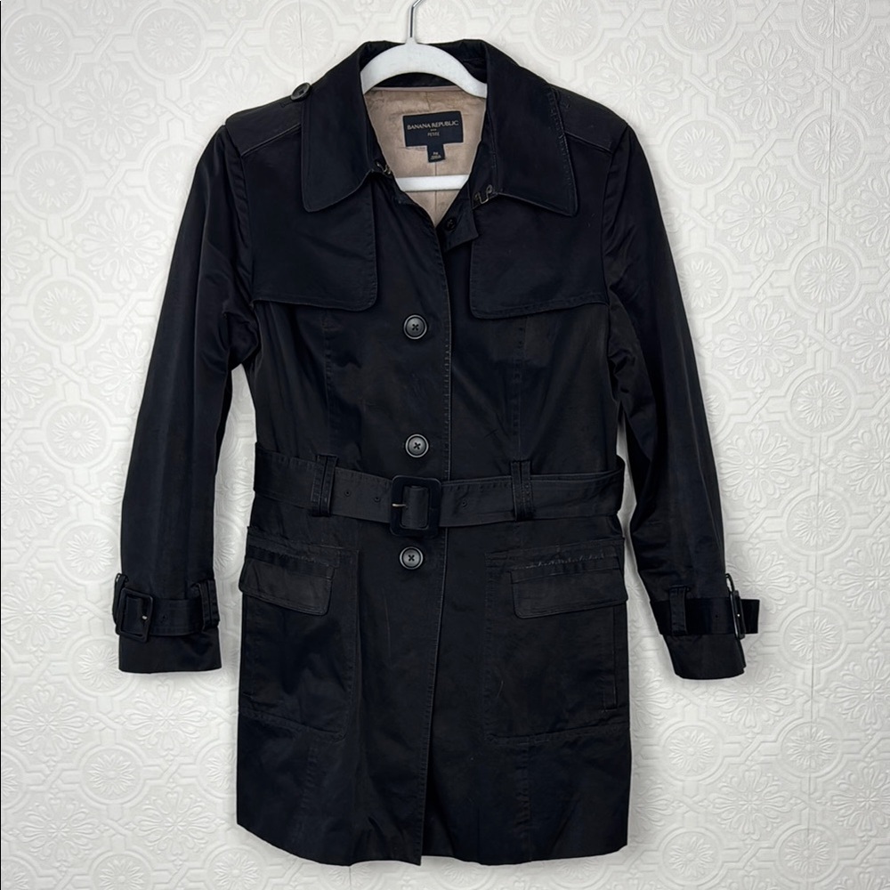 Banana Republic Trench Coat Black Pea Jacket Petite Medium PM Belted Button